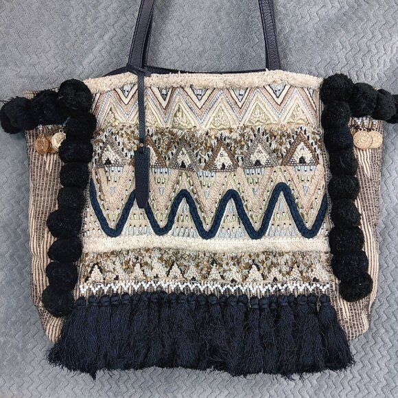 REBECCA MINKOFF Aztec Feel Beach Tote Shoulder Bag Black Beige Tweed Beaded - Picture 4 of 12